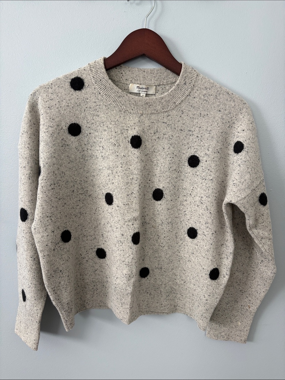 Madewell Gray Speckled Cashmere Crewneck Sweater with Black Polka Dots